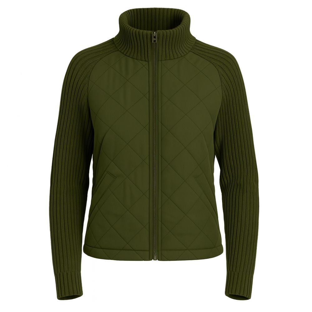 Quilted Hybrid Jacket Knit Sleeves Lightweight Insulated - Army Green