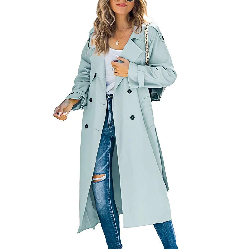 Women’s Long Water-Repellent Trench Coat with Classic Button Closure