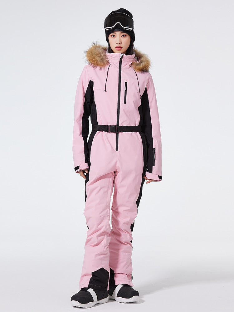 Les Odettes Women's Arctic Queen slim fit windproof one-piece ski suit, shown in black with hood and full front zipper.