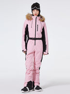 Les Odettes Women's Arctic Queen slim fit windproof one-piece ski suit, shown in black with hood and full front zipper.