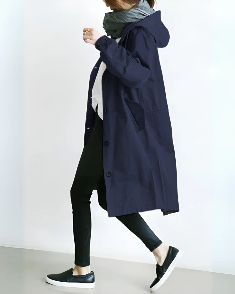 Women’s Hooded Trench Coat with Loose Fit and Button Closure