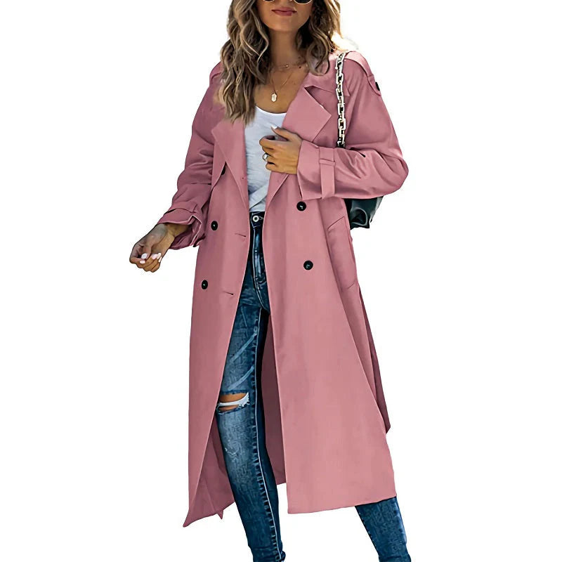 Women’s Long Water-Repellent Trench Coat with Classic Button Closure