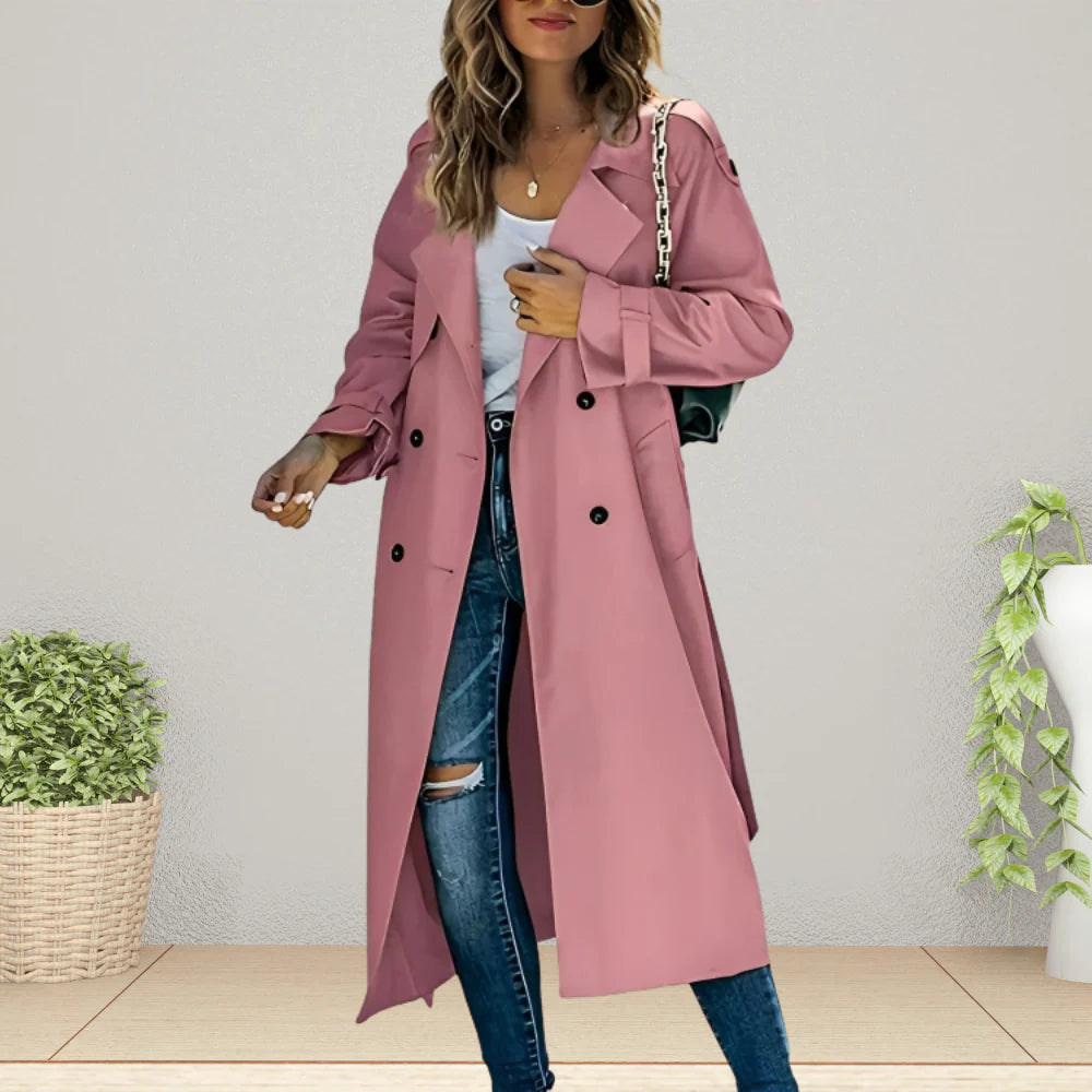 Women’s Double Breasted Mid-Season Trench Coat with Turn-Down Collar