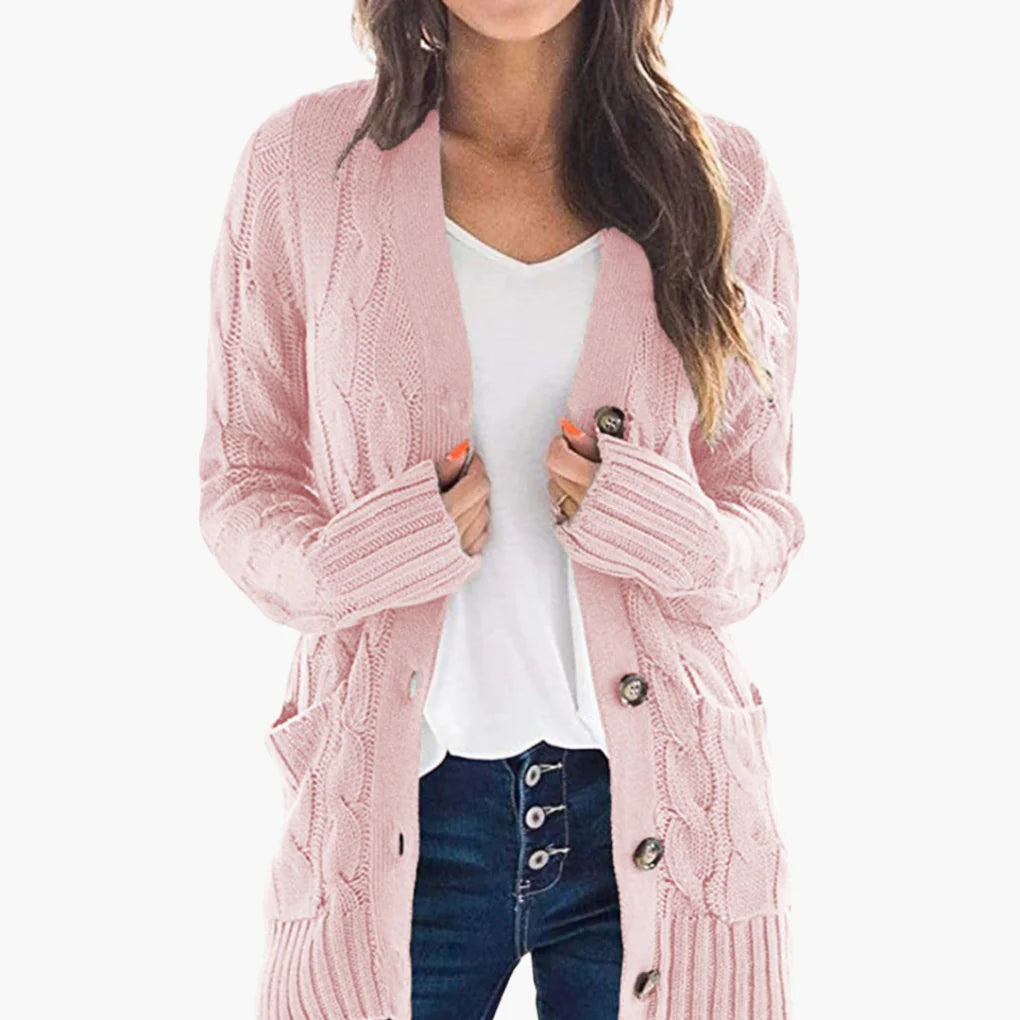 Women’s Cable Knit Button Cardigan with Pockets