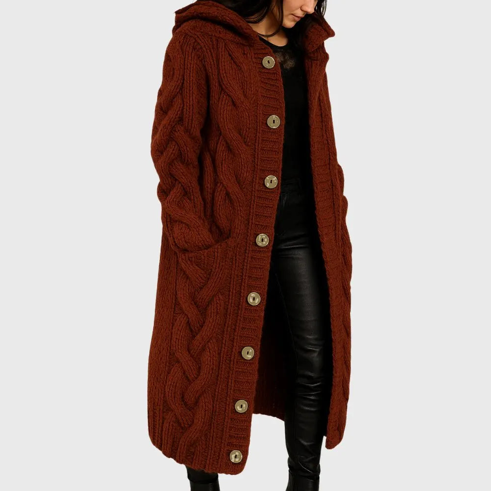 Les Odettes Cadence™ Elegant Cosy Coat displayed on a model, showcasing its stylish design and warm, plush fabric in neutral tones.
