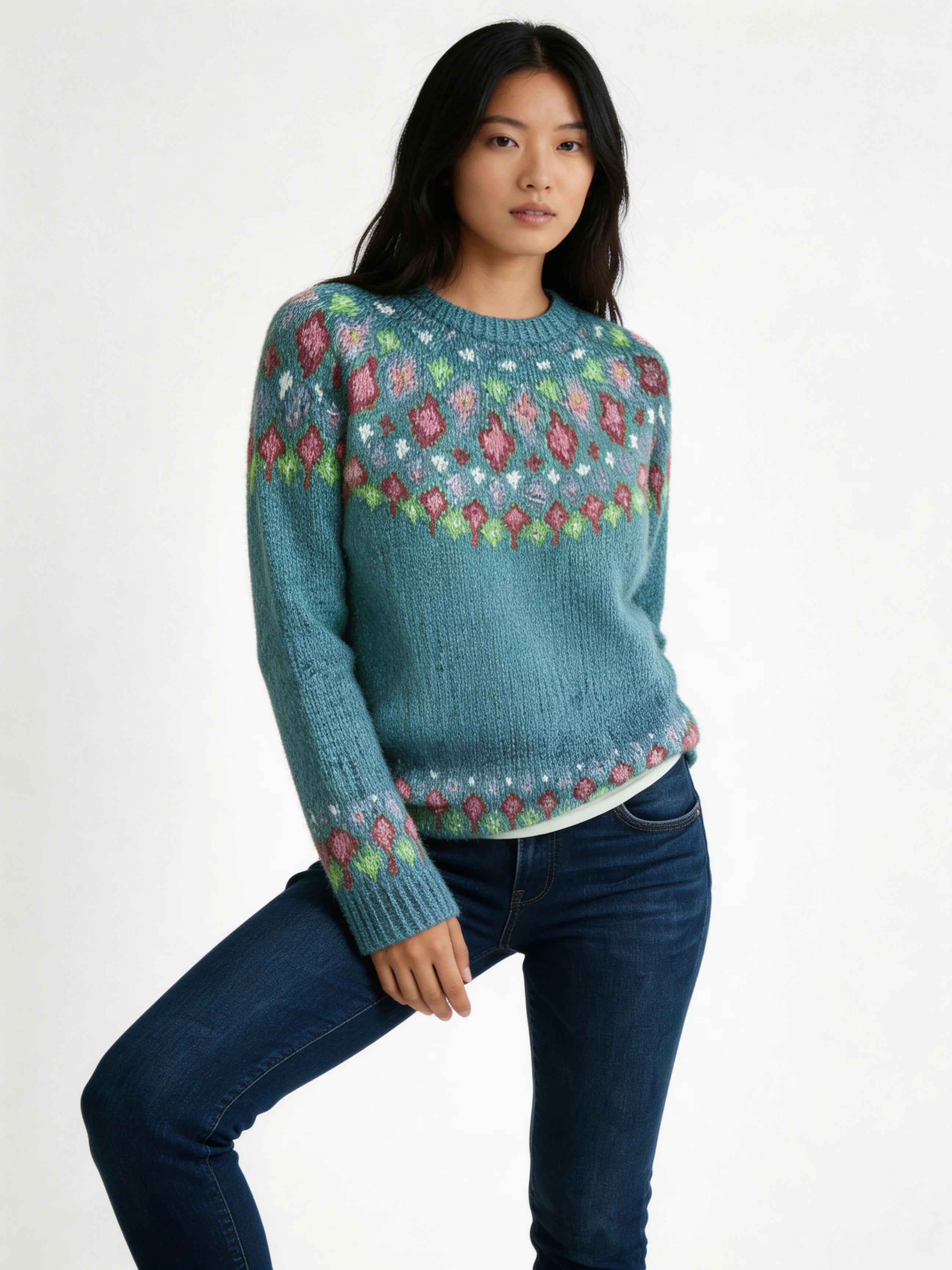 Women’s Printed Wool-Like Sweater – Relaxed Seasonal Pullover
