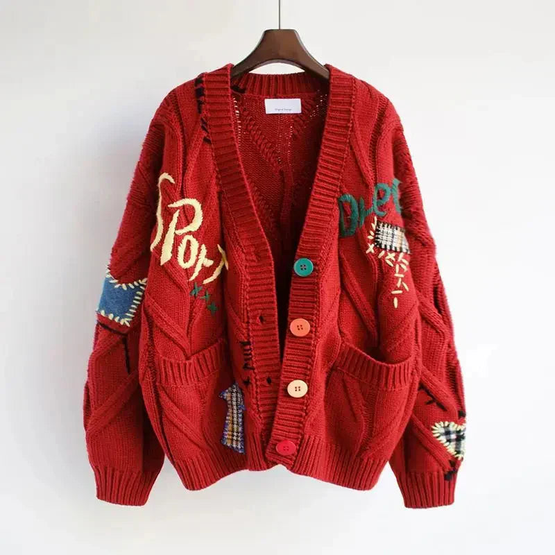 Women’s Patchwork Embroidered Knit Cardigan – V-Neck Button Style