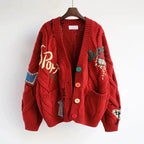 Women’s Patchwork Embroidered Knit Cardigan – V-Neck Button Style