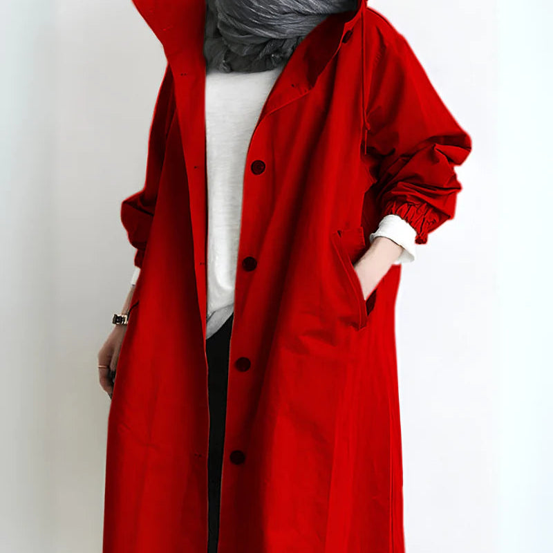 Women’s Hooded Trench Coat with Loose Fit and Button Closure