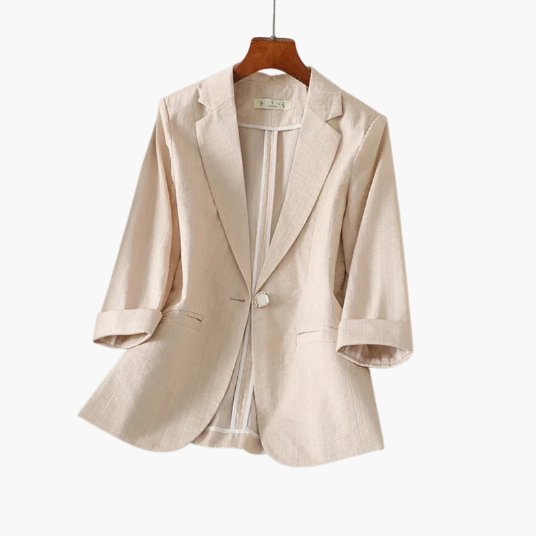 Les Odettes Rosamund women's pink blazer with 3/4 sleeves, tailored fit, and stylish design for versatile office or casual wear.