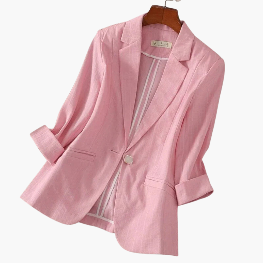 Rosamund women's 3/4 sleeve pink blazer from Les Odettes, styled on a model, with tailored fit and classic lapel design.