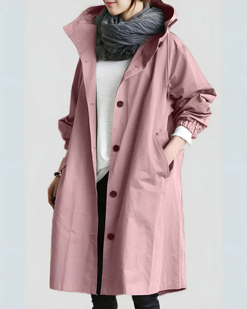Women’s Hooded Trench Coat with Loose Fit and Button Closure