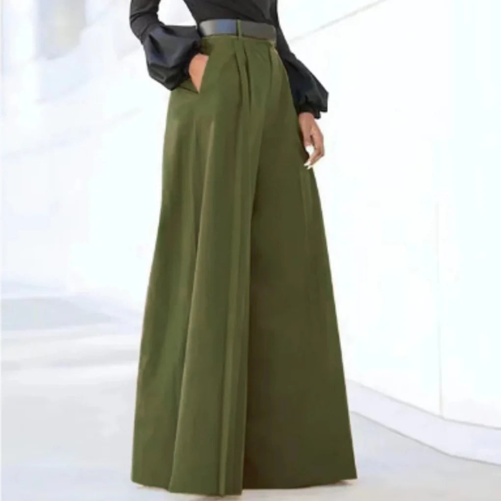 Women’s High Waist Wide-Leg Trousers in Solid Color with Flowing Fit