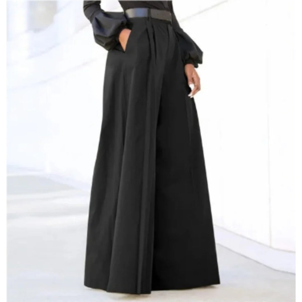 Women’s High Waist Wide-Leg Trousers in Solid Color with Flowing Fit