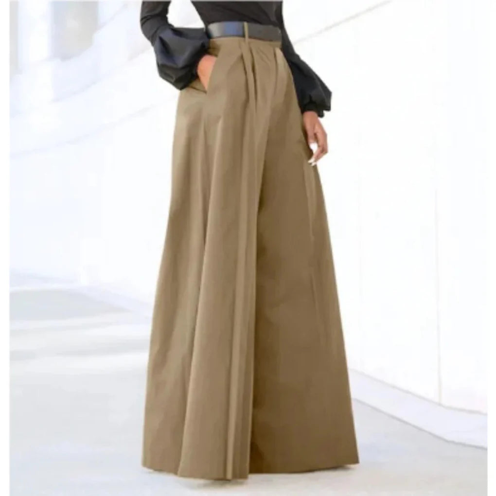 Women’s High Waist Wide-Leg Trousers in Solid Color with Flowing Fit