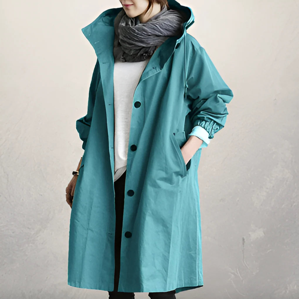 Women’s Hooded Trench Coat with Loose Fit and Button Closure
