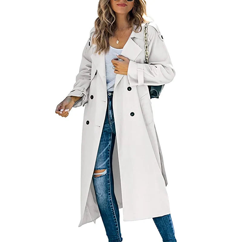 Women’s Long Water-Repellent Trench Coat with Classic Button Closure